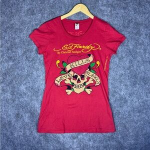 Vintage Ed Hardy Rhinestone Skull Fitted Tee Womens Sz L Retro Y2k